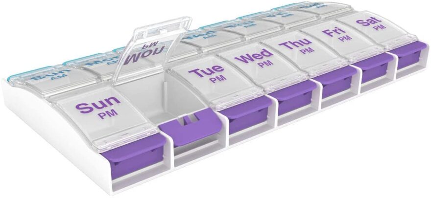 Ezy Dose® Push Button AM/PM Weekly Pill Organizer with open compartment